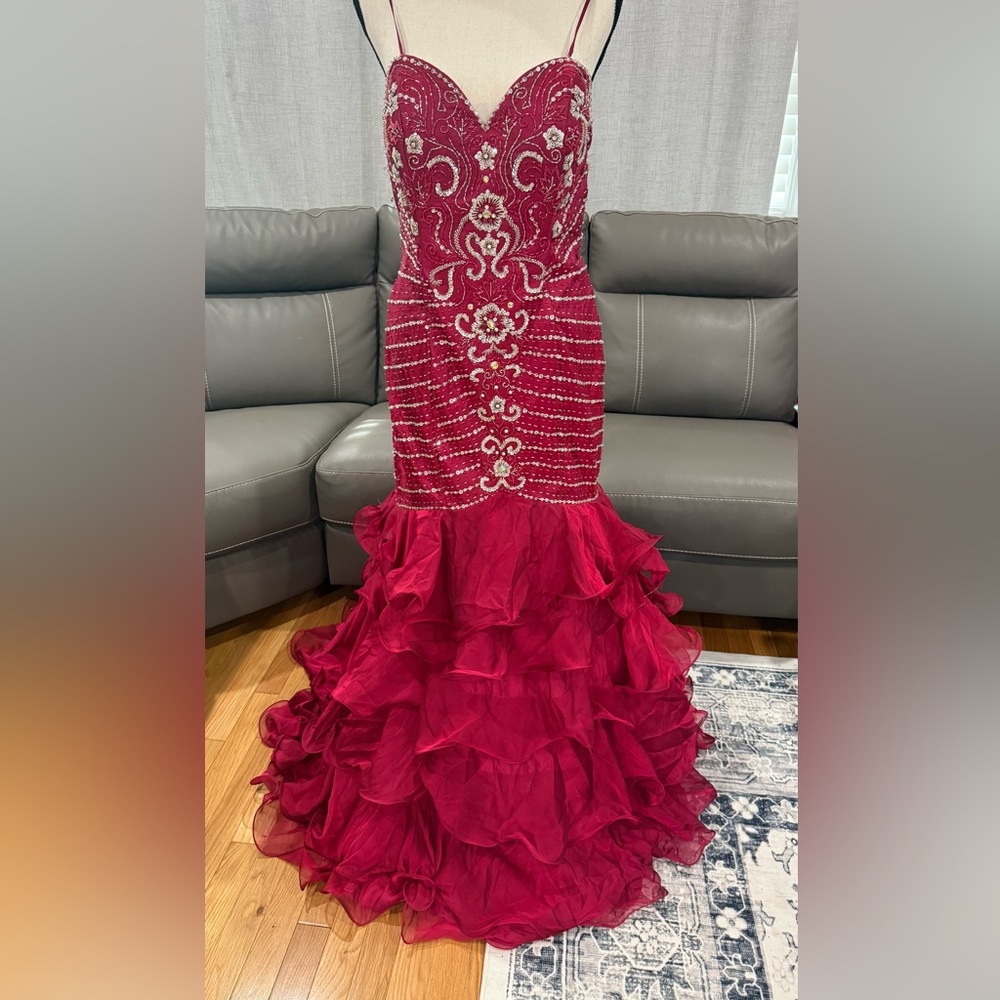 Camille La Vie Cranberry Gown with Sweetheart Neckline and Ruffled Tiers